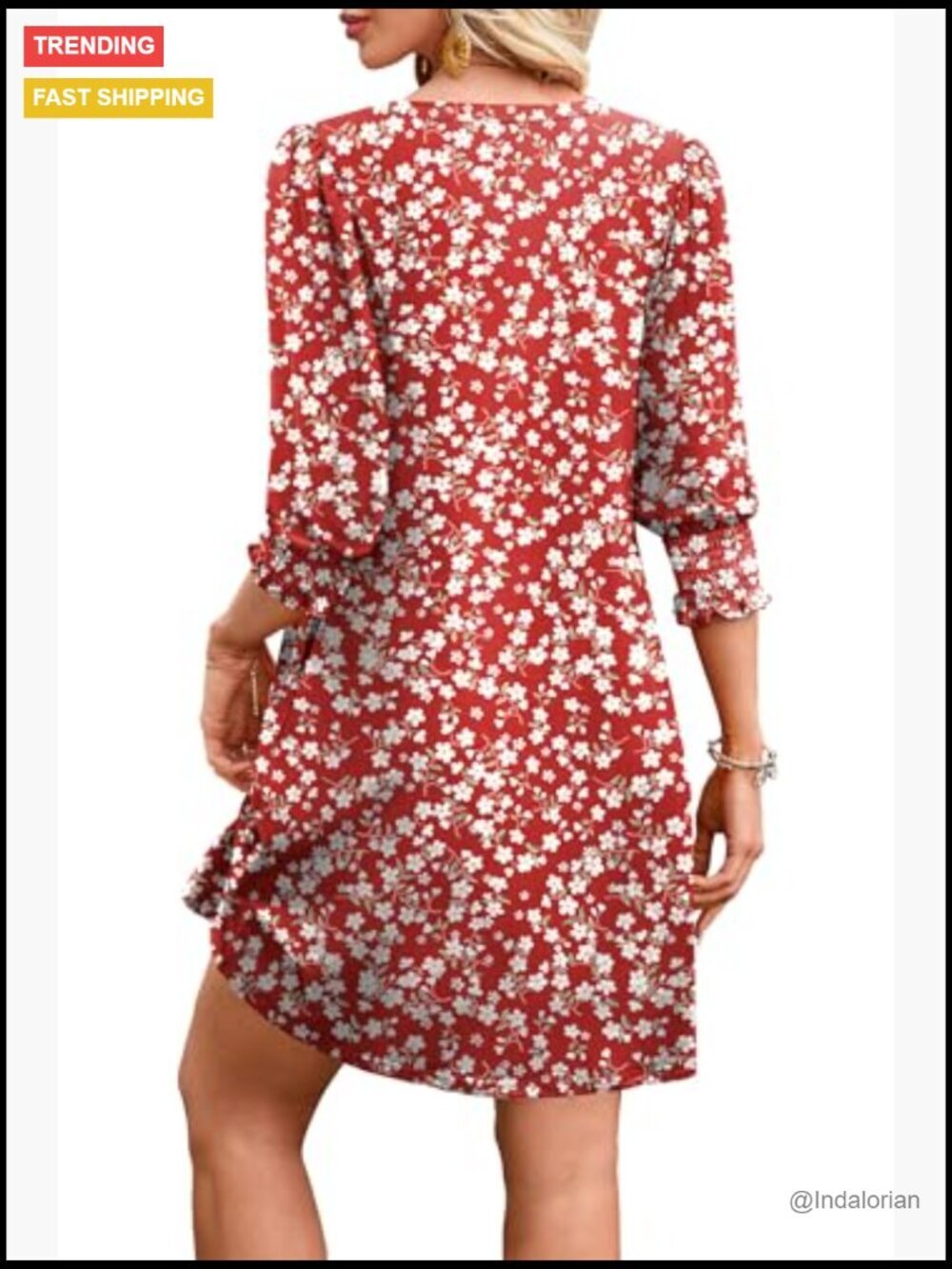 3/4 Sleeve Midi Dress with Pockets, V-Neck, Flowy Fit - Picture 4 of 7